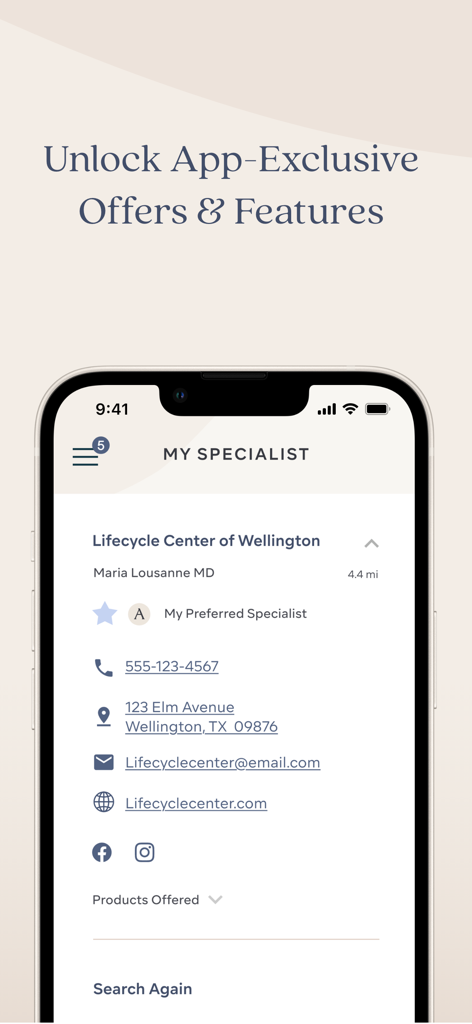 ASPIRE Galderma Rewards - Oberfläche der ASPIRE Galderma Rewards-App, die den Spezialisten-Finder mit Kontaktinformationen des Anbieters anzeigt