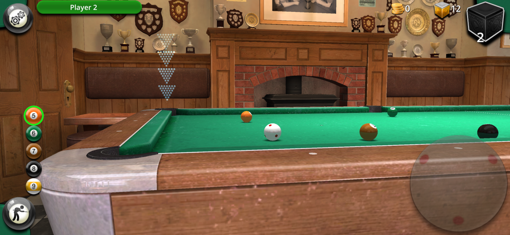 Tournament Pool - A realistic 3D pool game interface showing billiard balls on a green table inside a room with trophies