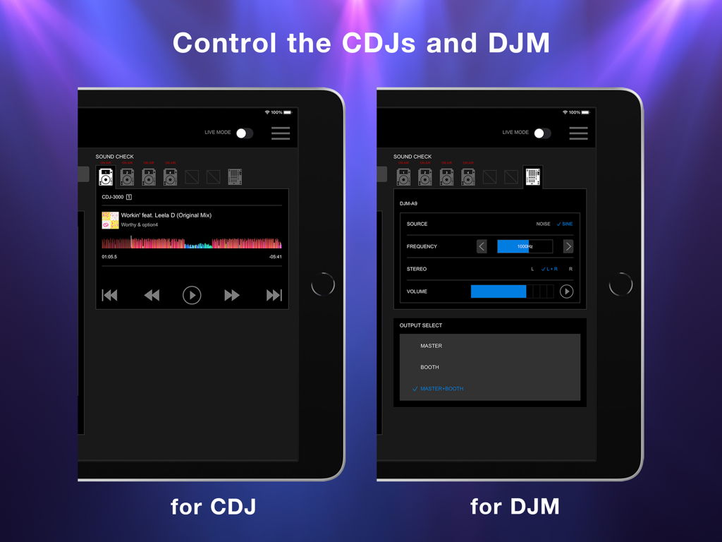 Stagehand: PRO DJ LINK Manager - iPad screen displaying the Stagehand app interface for remote control of CDJ players and DJM mixers