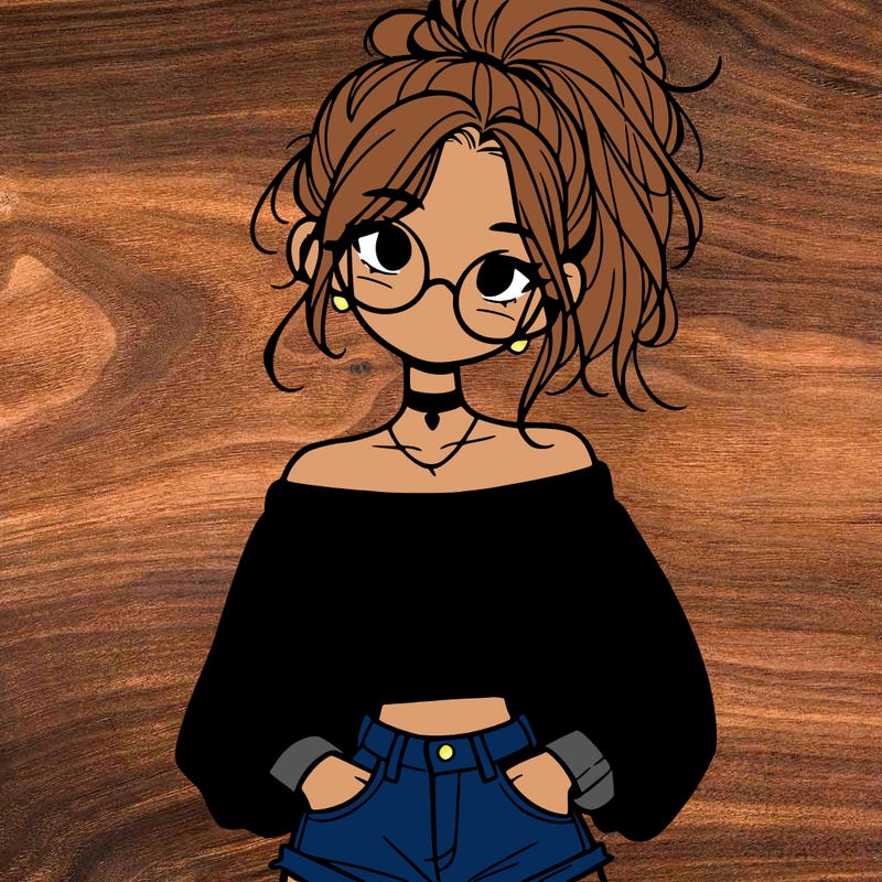 girl with a messy ponytail glasses a baggy crop top and jean shorts