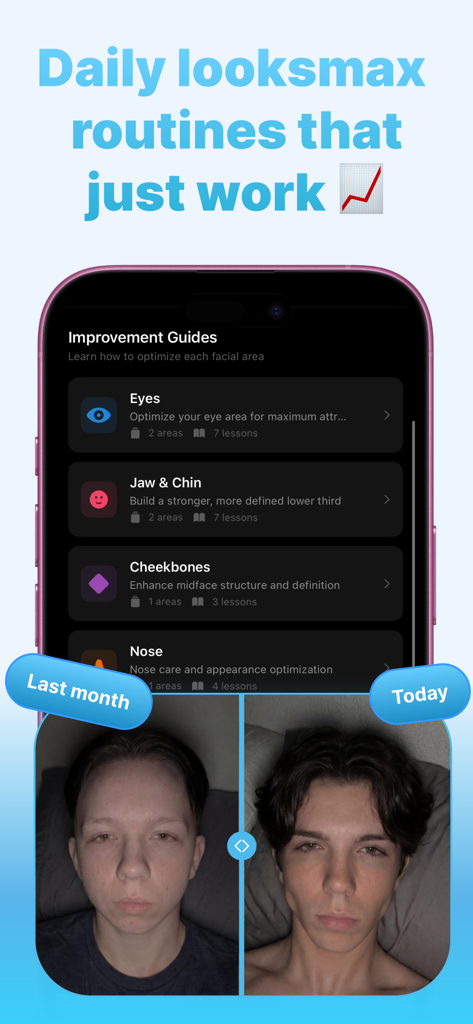FaceKit app screen showing improvement guides for facial features like jaw and cheekbones with a monthly before and after face comparison.