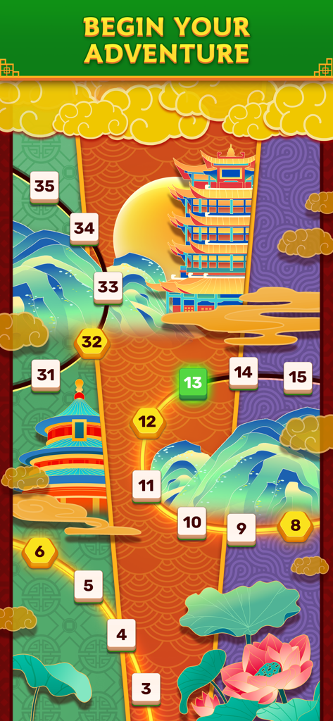 Tile Dynasty: Triple Mahjong - Eine farbenfrohe Levelkarte für Tile Dynasty mit Pagoden und Lotusblumen