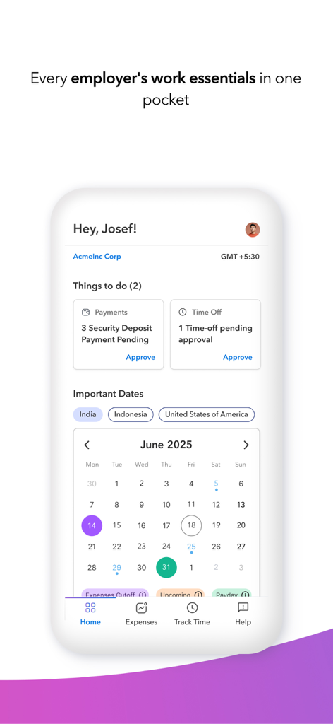 Payoneer Workforce Management - Painel do empregador na aplicação Gestão de Força de Trabalho Payoneer mostrando aprovações pendentes e um calendário de trabalho global