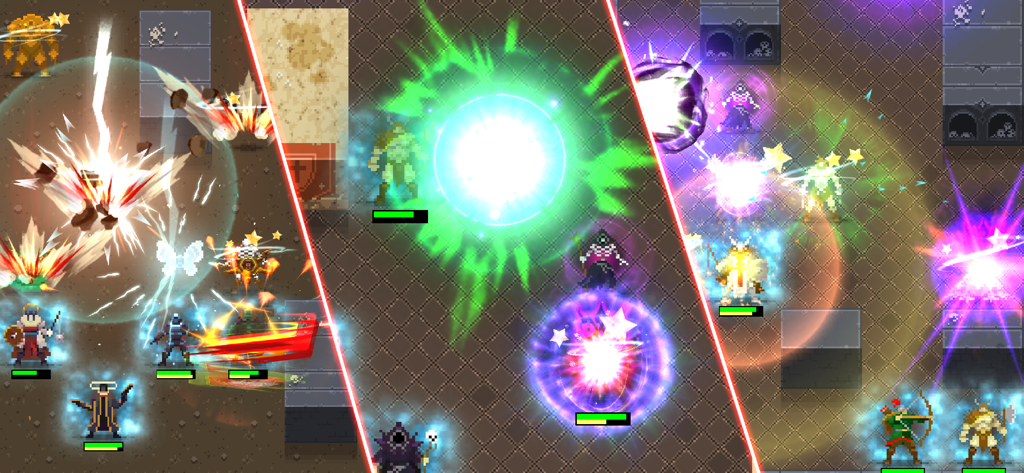 Dunidle: Auto Battler RPG Game - Tre scene d'azione di eroi pixel art a 8-bit che usano abilità magiche in una battaglia automatica tattica