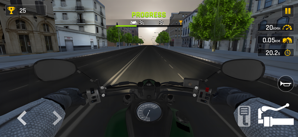 Traffic Bike 3D: City Tour - First person view of a motorcycle handlebar and city street in Traffic Bike 3D City Tour