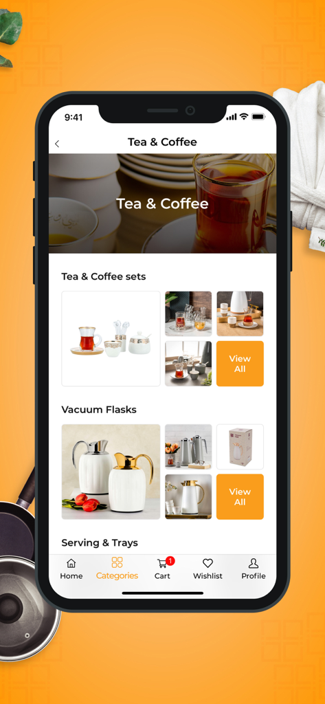 Nice Stores mobile app showing luxury tea and coffee sets and vacuum flasks