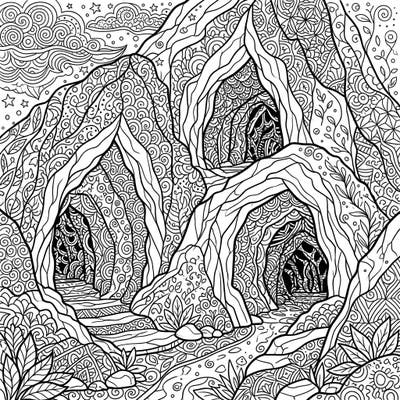Embark on a creative journey with this captivating Zentangle Cave Entrances coloring page. Explore a hidden world where natural formations meet intricate patterns, offering hours of relaxing artistic expression.
