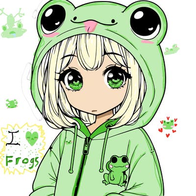 cute realistic girl in a froggy hoodie