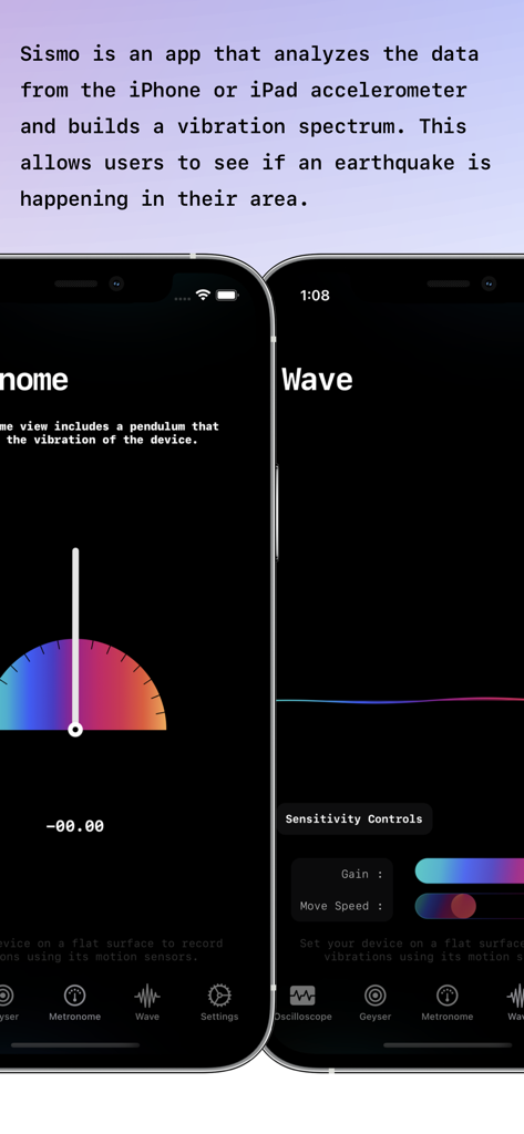 Sismo app interface showing vibration measurement in metronome and wave views