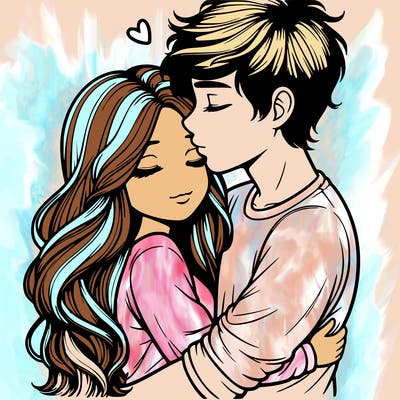 a realistic couple boy and girl hugging and kissing