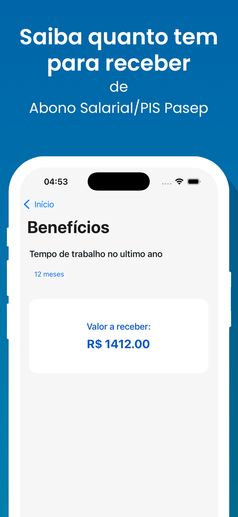 Tela do aplicativo mostrando o valor do bônus salarial PIS PASEP calculado