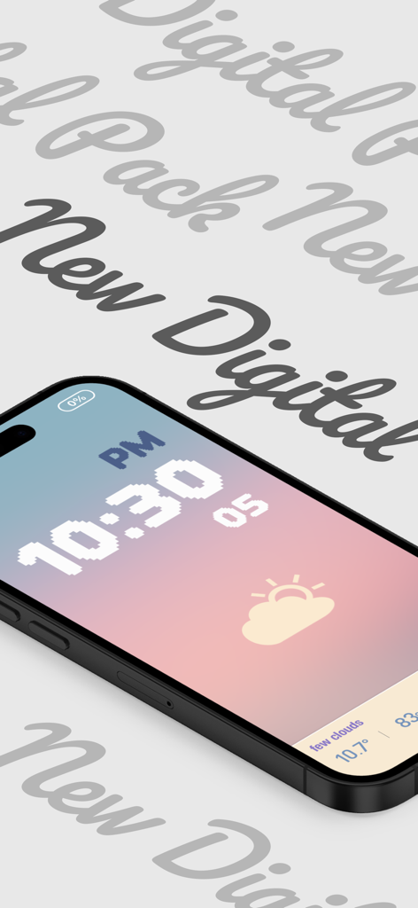Orologio digitale minimalista e display meteo su uno smartphone con sfondo sfumato del tramonto
