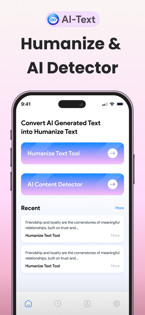 Main dashboard of the Humanize AI app showing tools for text humanization and AI content detection