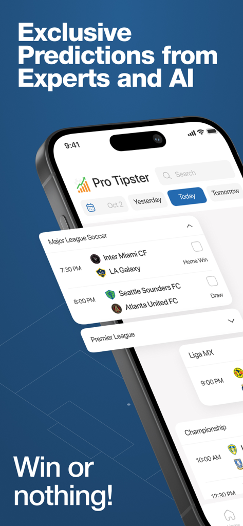 Interface de l'application mobile Pro Tipster montrant les prédictions de matchs de football par des experts et l'IA