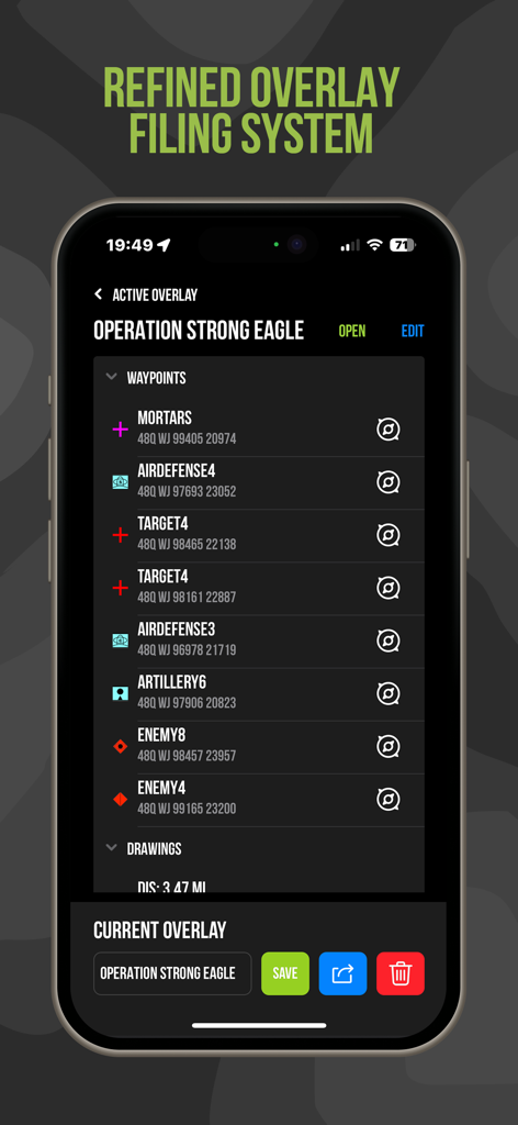 Tactical NAV app interface showing waypoint management and MGRS coordinates for mission planning