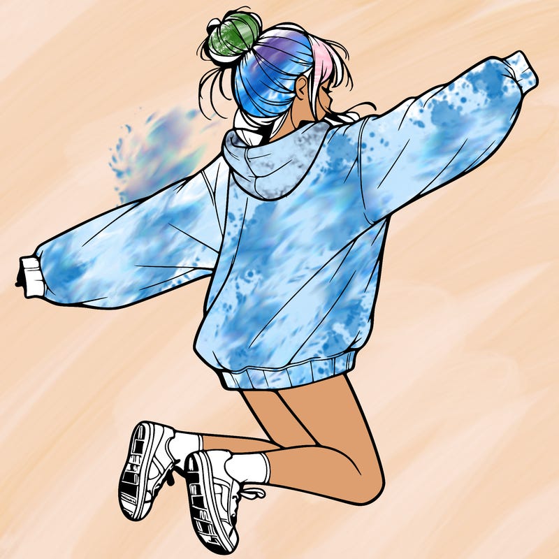 realistic girl jumping with a bun and oversized sweatshirt