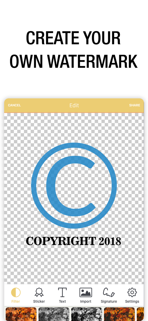 Watermark Maker: Add Signature - Mobile app interface showing a custom copyright watermark being designed on a transparent background.