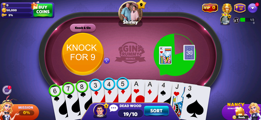 Gin Rummy Mania-No Ads,No Stop - A gameplay screenshot of Gin Rummy Mania showing a card hand and a large yellow button to knock for nine points on a purple table.