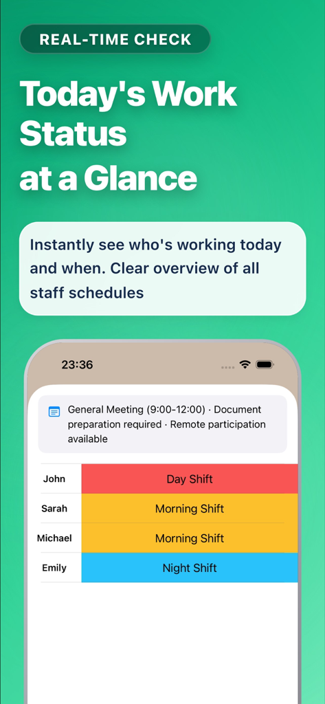 Shift management app! - Interface do aplicativo móvel mostrando uma visão geral em tempo real dos turnos de trabalho da equipe de hoje e escalas codificadas por cores