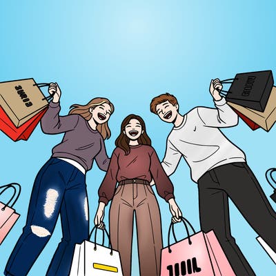 friends shopping. shopping bags. laughing