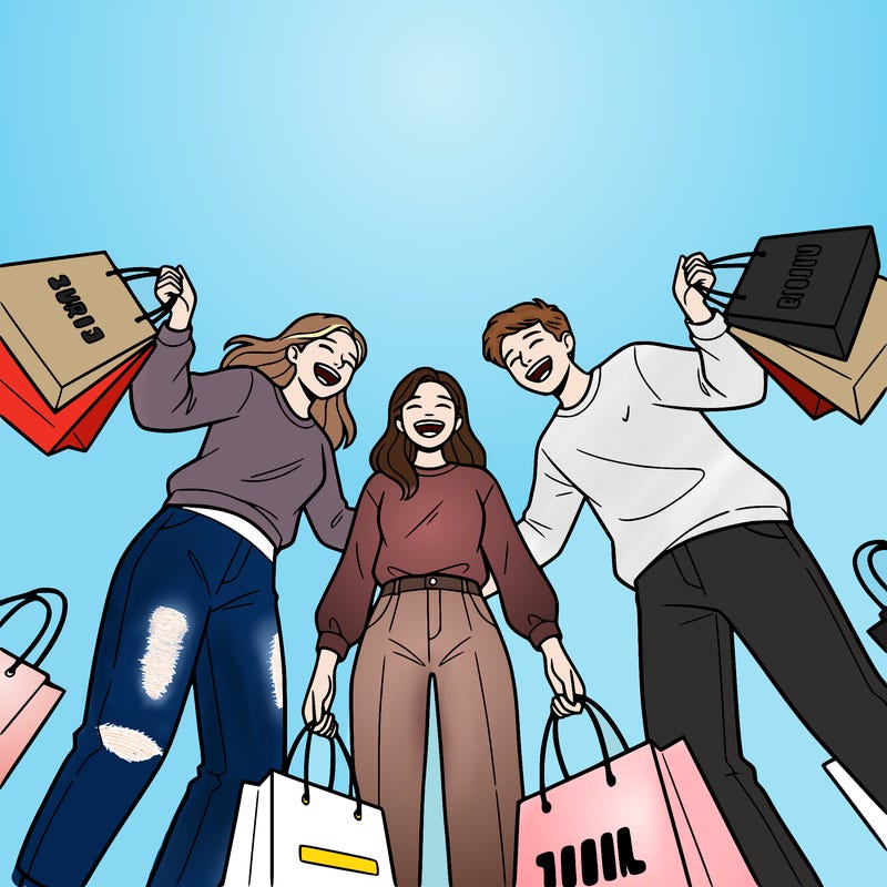 friends shopping. shopping bags. laughing