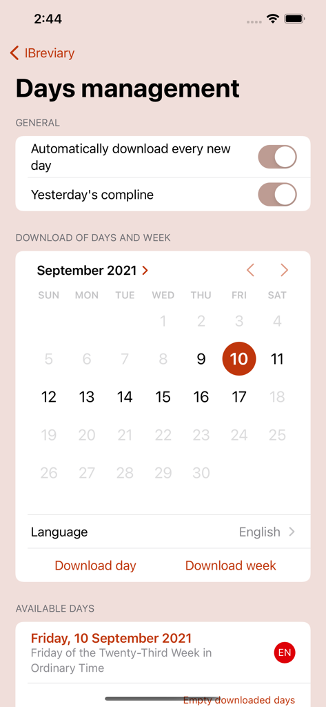 iBreviary TS Plus - iBreviary TS Plus App-Bildschirm zur Verwaltung von Tagen mit Download-Einstellungen und liturgischem Kalender