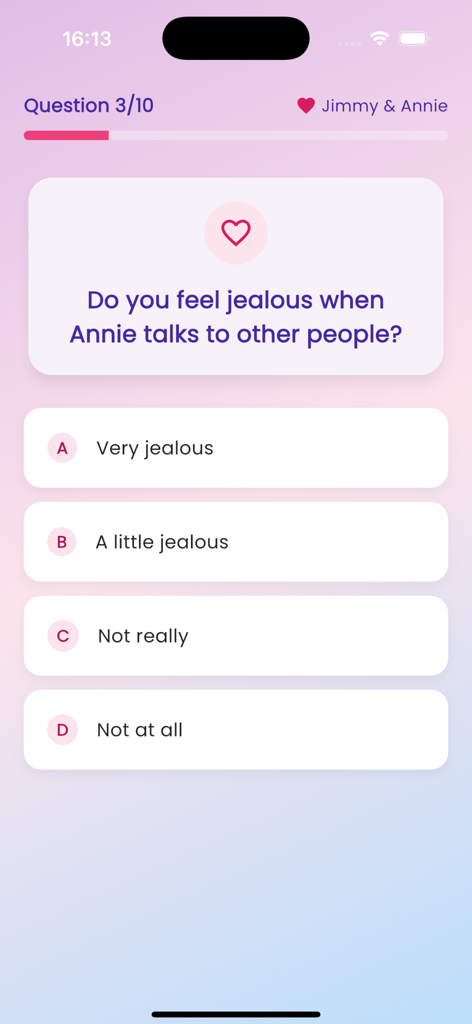 Love Tester - Crush Test - 질투에 대한 질문과 여러 객관식 답변을 보여주는 사랑 테스트 앱의 관계 궁합 퀴즈 화면