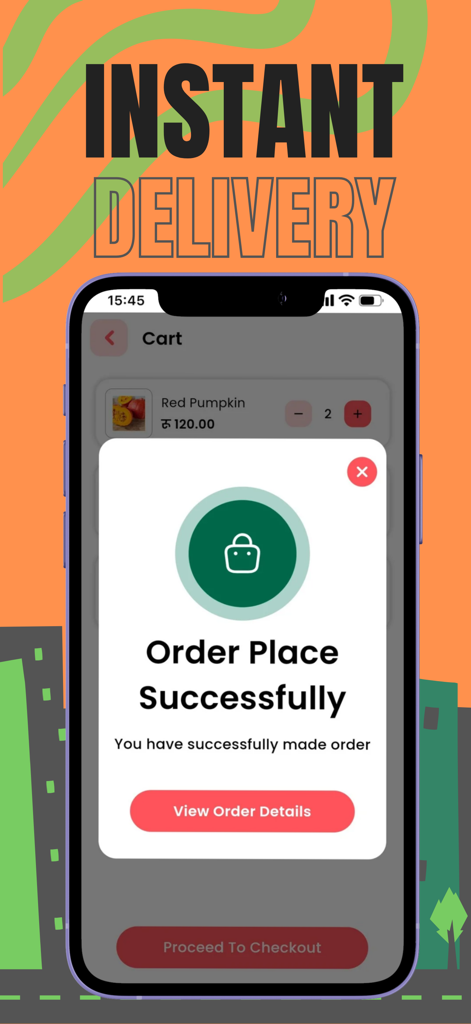 Delli Drop - Mobile Bildschirm zeigt eine erfolgreiche Bestätigung der Lebensmittelbestellung in der Delli Drop App mit einer Schaltfläche zum Anzeigen der Bestelldetails