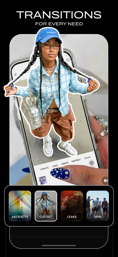 Vids AI App-Oberfläche mit kreativen Video-Übergängen wie Ausschnitten und Leaks für Social-Media-Reels.