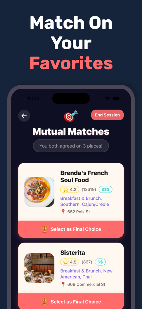 Food Swipe - Find Restaurants - Mutual restaurant matches displayed on the Food Swipe app interface