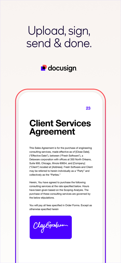 Digital signature on a Client Services Agreement within the Docusign for Intune mobile application
