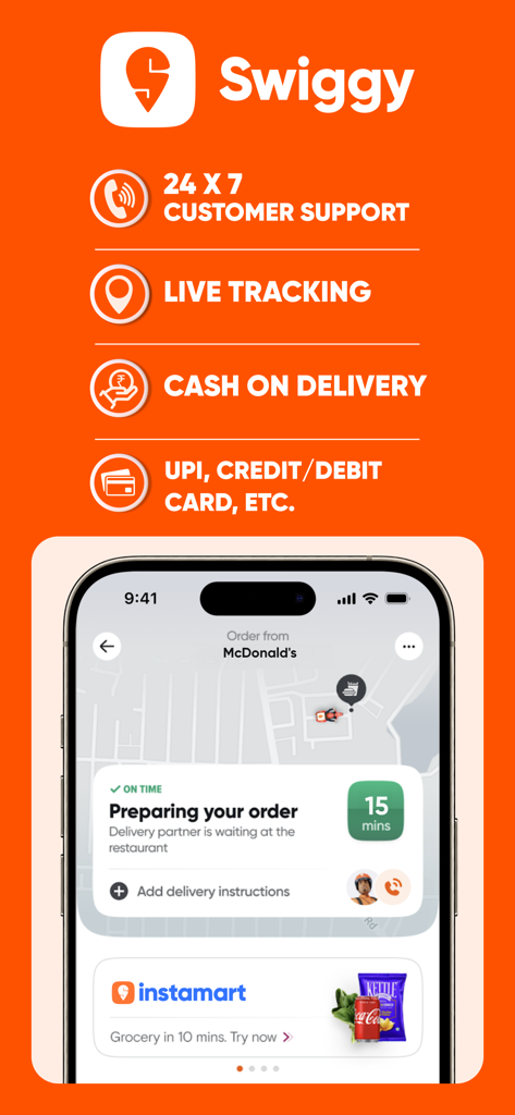 Swiggy app interface showing live order tracking for a McDonald's delivery and a list of key service features like customer support and payment options