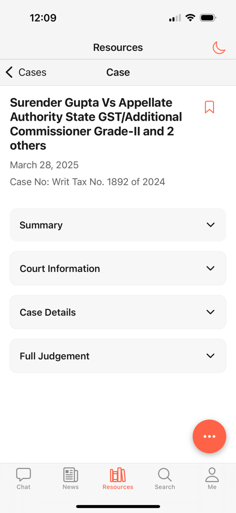 GST Press - GST Press app screen displaying legal case summary and full judgement details for Indian GST law