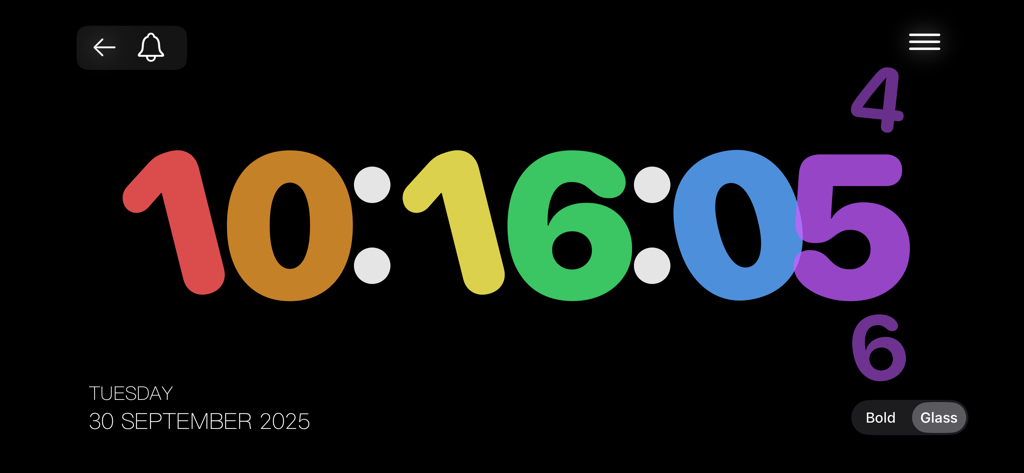 Big Clock - Pro Time Widgets - Relógio digital em tela cheia com números grandes e vibrantes em um fundo preto.