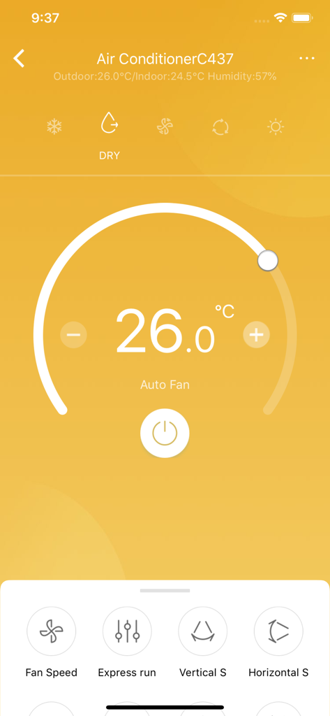 Smartphone interface of Midea Air app for remote air conditioning control and temperature setting