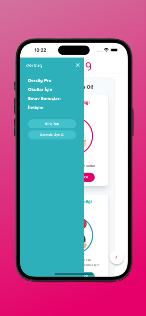 Derslig - Derslig mobile app showing a side navigation menu with options for Derslig Pro exam results and login buttons
