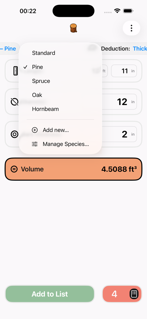 Timber Volume Master - Menu de sélection des espèces d'arbres et calcul du volume de bois dans l'application Timber Volume Master