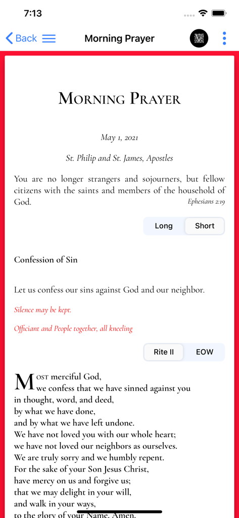 Venite.app - Screenshot of the Venite app displaying Morning Prayer liturgy with options for Rite II and Enriching Our Worship texts.