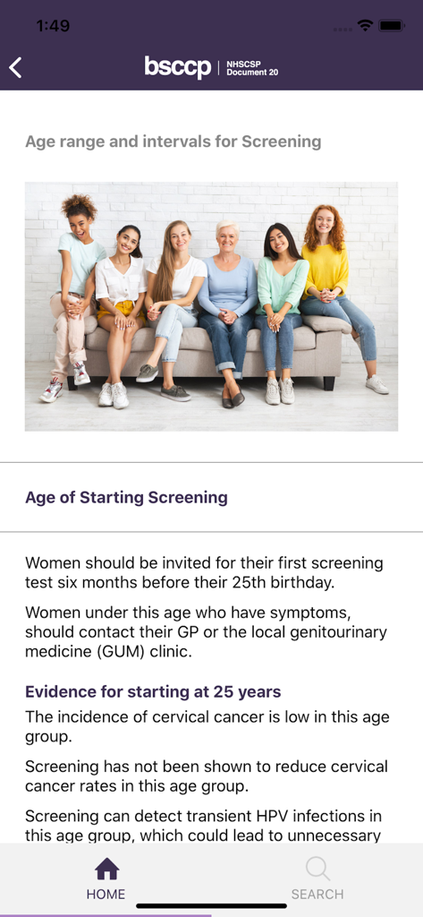Cervical screening age guidelines and clinical evidence screen in the BSCCP app