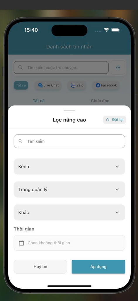 Interface of the MiChat app showing advanced filtering options for customer messages including channel and date range selection.