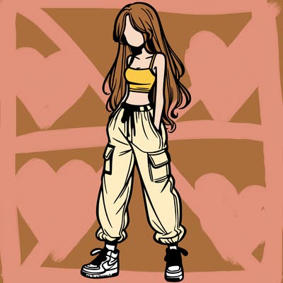 girl in baggy pants crop top and long hair