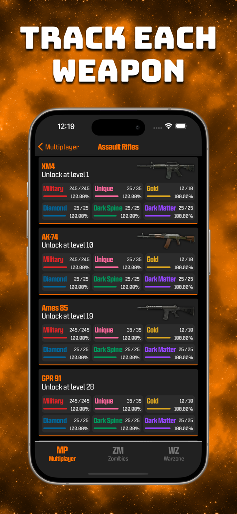 BO6 Camo Tracker - Smartphone screen showing weapon camo tracking progress for assault rifles in BO6