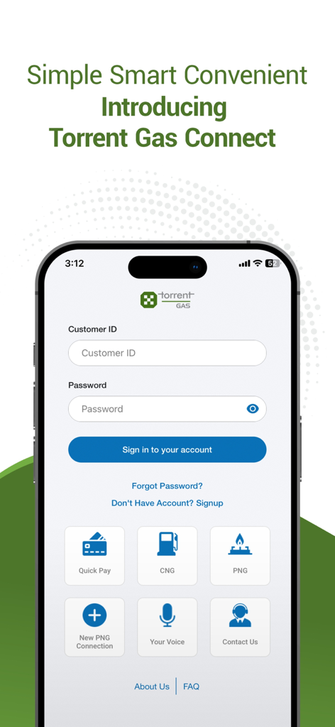 Login screen of the Torrent Gas Connect app featuring customer sign-in and quick access icons for gas services