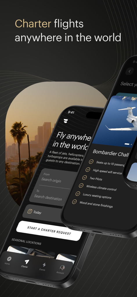 Interfaz de la aplicación móvil BLADE para reservar vuelos chárter de jets privados y helicópteros a nivel mundial.