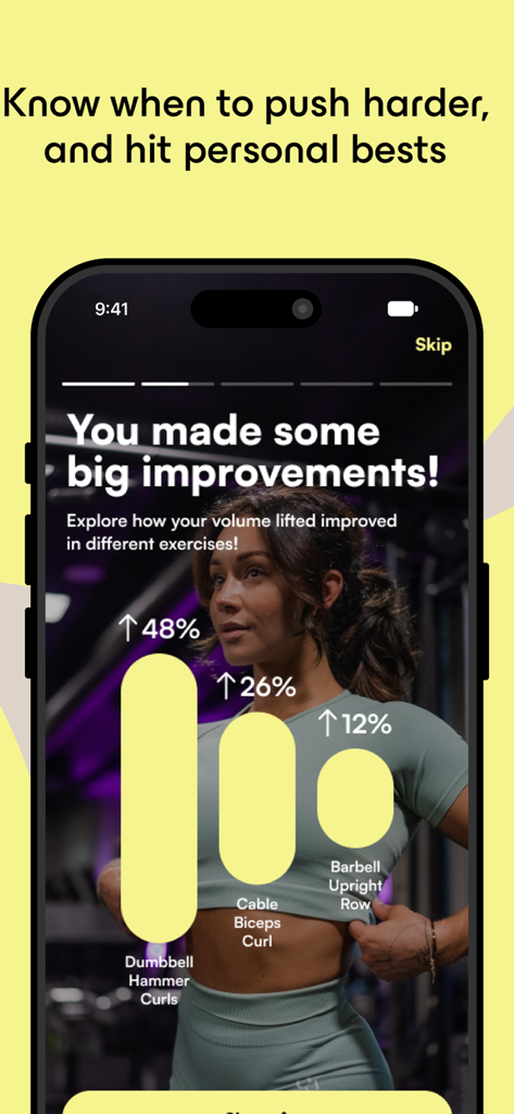 OWNU app screen showing strength training progress with bar charts of volume lifted improvements