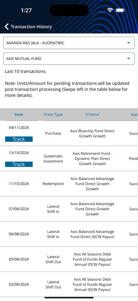 Ein mobiler Bildschirm, der den Transaktionsverlauf eines Axis Mutual Fund-Portfolios in der KFinKart-App anzeigt, einschließlich Kauf- und Rücknahmedetails