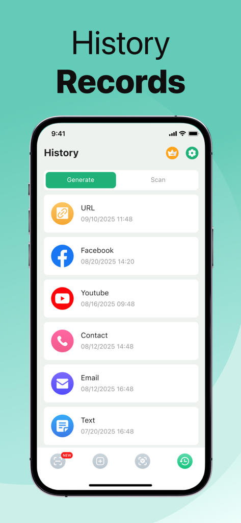 QR Code Master：Barcode Scanner - Interface of QR Code Master app displaying history records for scanned and generated QR codes
