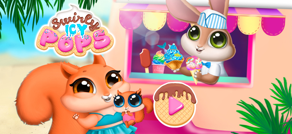 Swirly Icy Pops - Pantalla principal de Swirly Icy Pops con Blush the Bunny en un camión de helados y Squish the Squirrel con su bebé.