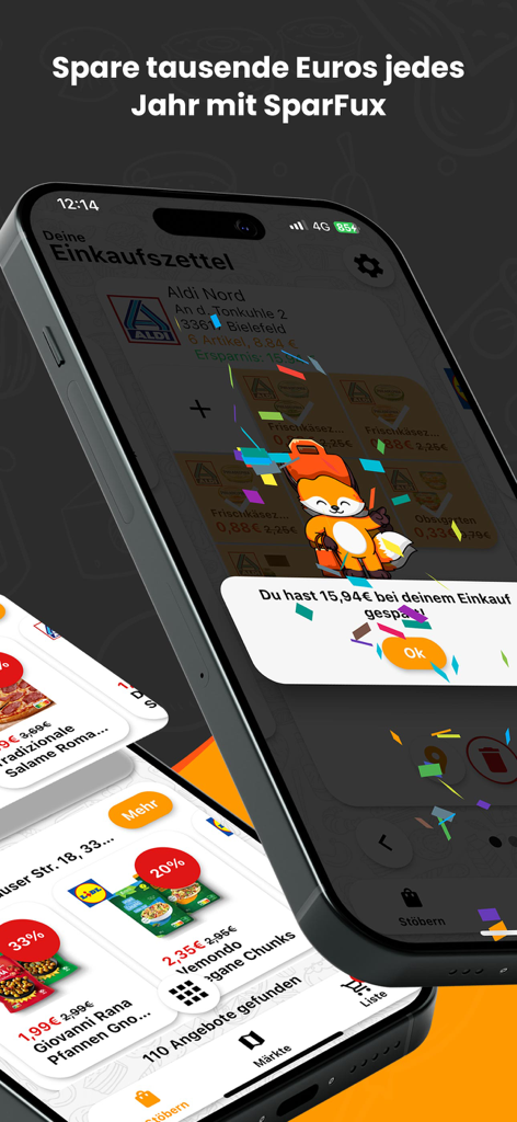 SparFuxアプリの画面。食料品の節約確認とスーパーマーケットからの割引オファーが表示されている。