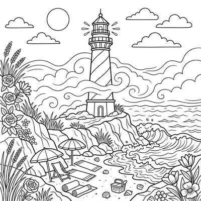 Escape to a sunny summer beach with this delightful coloring page featuring a majestic lighthouse. Relax as you bring vibrant life to ocean waves, sandy shores, and cozy beach setups.